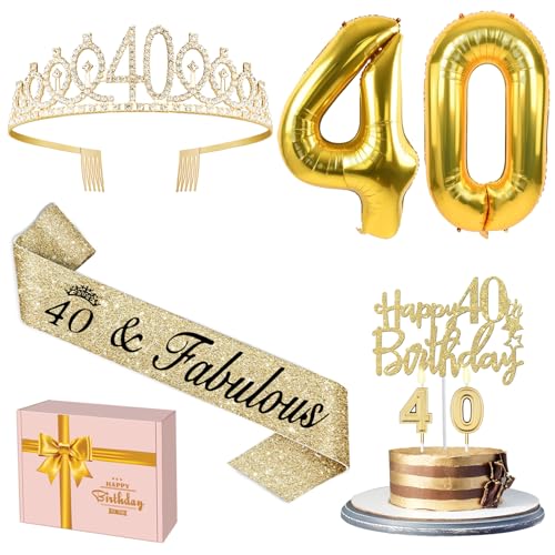 40 Geburtstag Dekorationen für Frauen, einschließlich 40 Geburtstag Schärpe und Tiara, Happy 40 Birthday Cake Topper und 40 Kerzen, Gold Zahl 40 Luftballons, 40 Geburtstag Geschenke für Frauen Gold von Amosking