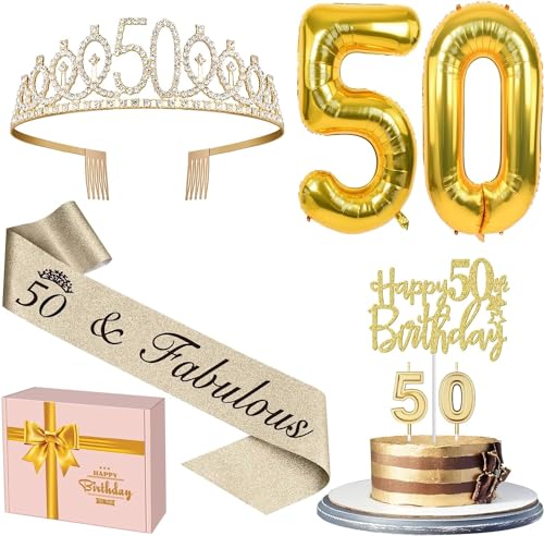 50 Geburtstag Dekorationen für Frauen Gold, Einschließlich Schärpe und Diadem, 50 Geburtstag Kuchen Topper und Kerzen, Gold Zahlenballons 50, 50 Geburtstag Geschenke für Frauen von Amosking