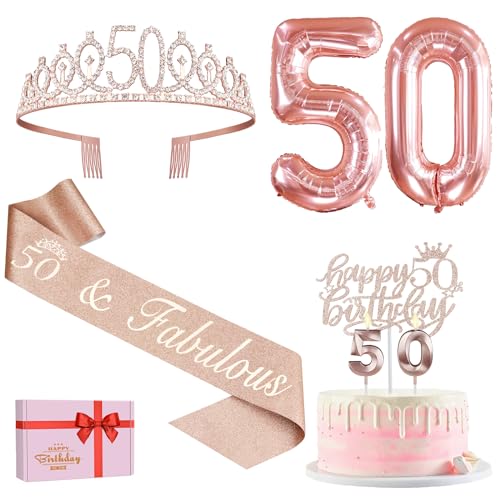 50. Geburtstag Frauen Deko, 50. Geburtstag Schärpe und Krone, Tortendeko Geburtstag und Kerzen, Roségold Luftballons 50, Geschenk zum 50 Geburtstag Frau, 50. Geburtstag Party Deko Supplies von Amosking