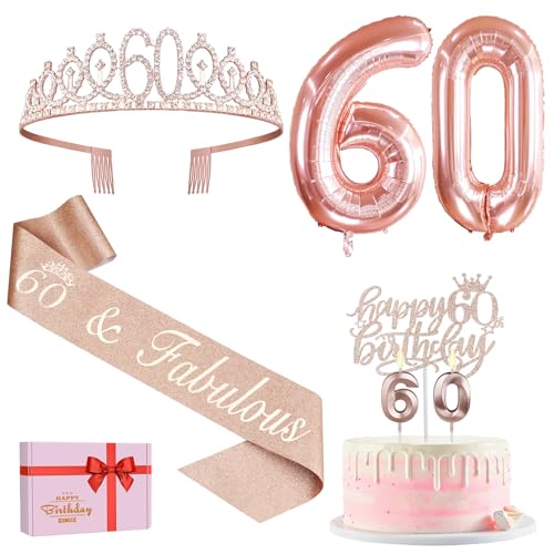 60.ter Geburtstag Frau Deko, 60 Geburtstag Schärpe, Krone 60 Geburtstag, Cake Topper und Kerzen, Luftballon 60 Rosegold, 60 Geburtstag Deko, Party Deko 60 Geburtstag, Geschenke 60 Geburtstag von Amosking