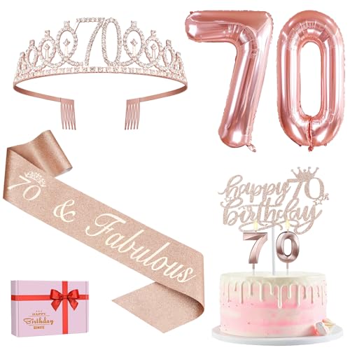 70 Geburtstag Dekorationen Einschließlich 70 Geburtstag Schärpe und Tiara/Krone, 70 Geburtstag Kuchen Topper und 70 Kerzen, Zahl 70 Luftballons, Rose Gold 70 Geburtstag Geschenke für Frauen von Amosking