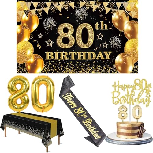 80. Geburtstag Deko Mann Frau, 80. Geburtstag Banner, Tischdecke Schwarz Gold, Ballons 80 Geburtstag, 80. Geburtstag Schärpe, Cake Topper 80 Geburtstag und Geburtstagskerzen von Amosking