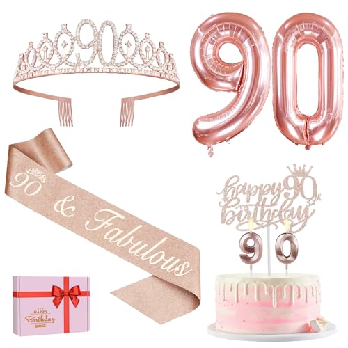 90 Geburtstag Dekorationen für Frauen, einschließlich 90 Geburtstag Schärpe und Tiara, Happy 90 Birthday Cake Topper und 90 Kerzen, Zahlenballons 90, 90 Geburtstag Geschenke für Frauen von Amosking