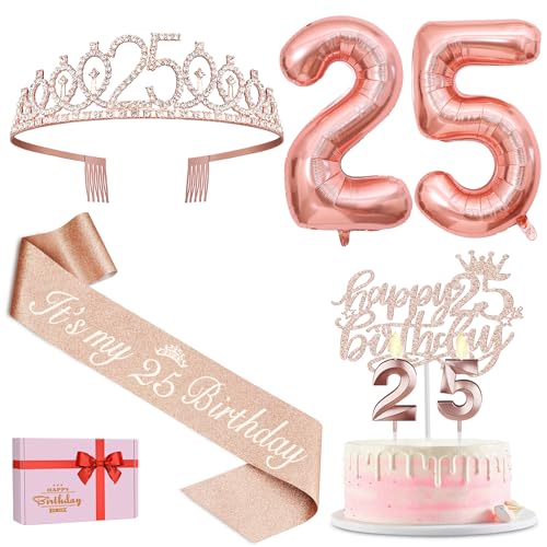 Dekoration zum 25. Geburtstag, einschließlich Schärpe und Tiara zum 25. Geburtstag, Happy Birthday Cake Topper und Kerzen, Luftballons Zahl 25, Geschenke zum 25. Geburtstag für sie, Geschenke zum 25. von Amosking