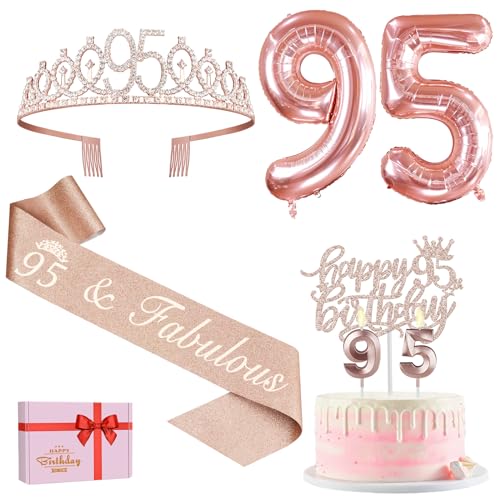 Dekoration zum 95. Geburtstag, einschließlich Schärpe zum 95. Geburtstag, Tiara zum 95. Geburtstag, Tortenaufsatz und 95 Kerzen, Luftballons der Zahl 95, Geschenke zum 95. Geburtstag für Frauen, von Amosking