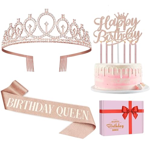 Geburtstag Krone und Schärpe, Cake Topper Geburtstag Kerzen, Geburtstag Tiara Queen Schärpe für Frauen Mädchen, Tiara Krone für Alles Gute zum Geburtstag Party Favor, Geburtstag Party Deko von Amosking