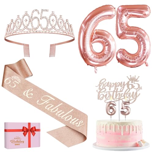 Geschenke zum 65. Geburtstag für Frauen, inklusive Schärpe und Tiara, Happy 65th Birthday Cake Topper und Zahl 65 Kerzen, Zahl 65 Luftballons Roségold, 65 Geburtstag Dekorationen für Frauen von Amosking