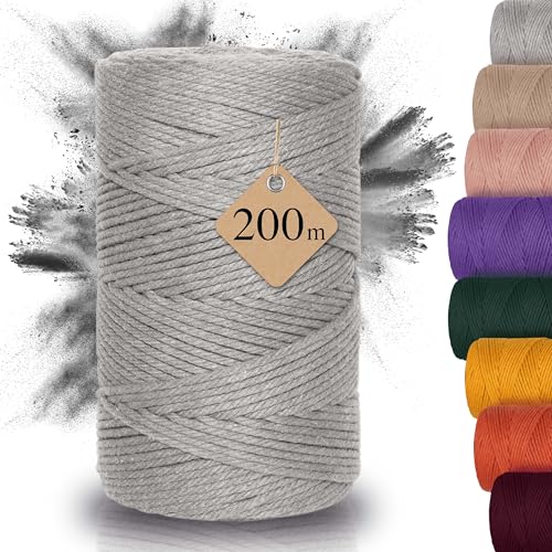 AMPARA – Weiches Makramee Garn 3mm x 200m - 100% Recycelt | umweltschonend & hochwertig - Makrameegarn für DIY Kunst (hellgrau) von Ampara