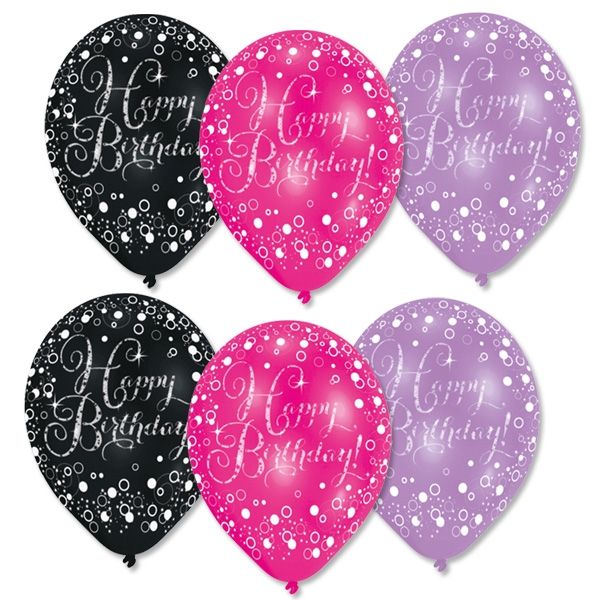 Luftballons Happy Birthday pink, lila, schwarz, Ø 27,5cm, 6 Stk von Amscan Europe GmbH