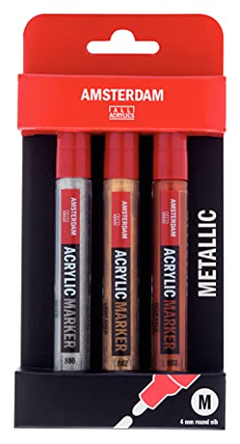 Amsterdam Acryl-Marker-Set mit 3 Metallic-Farben, Mehrzweck-Permanent-Marker mit mittlerer runder Spitze von Amsterdam