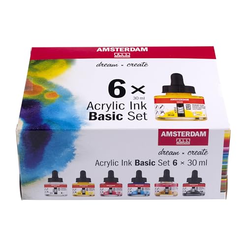 Amsterdam Acryltintenset | Basisset (6 x 30 ml) | Grundfarben, Schwarz, Weiß & Ocker | flüssige Acrylfarbe mit Tropfverschluss von Amsterdam