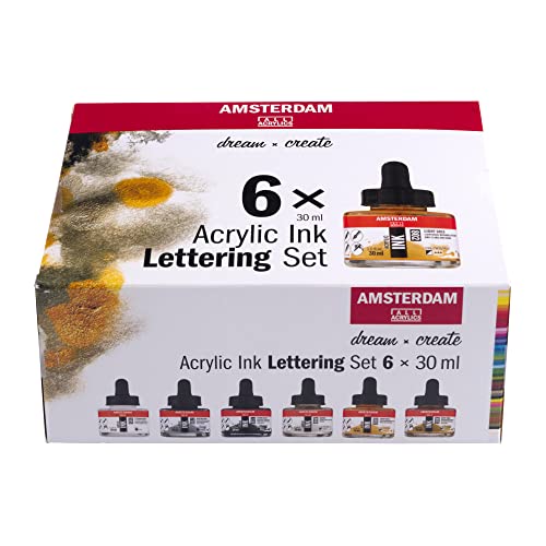 Amsterdam Acryltintenset | Lettering Set (6 x 30 ml) | Schwarz, Weiß und Metallicfarben | flüssige Acrylfarbe mit Tropfverschluss von Amsterdam