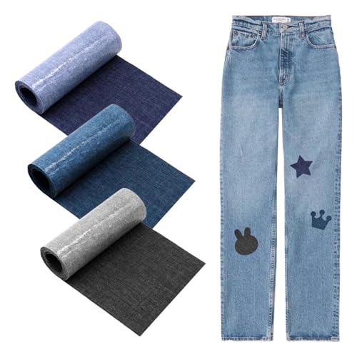 3 Rollen Jeans Flicken Zum Aufbügeln, 8 * 51cm Jeans Flicken Zum Aufbügeln Innen, Selbstklebende Bügelflicken für Kinder Erwachsene(Dunkelblau, Hellblau, Schwarz) von Amusingtao