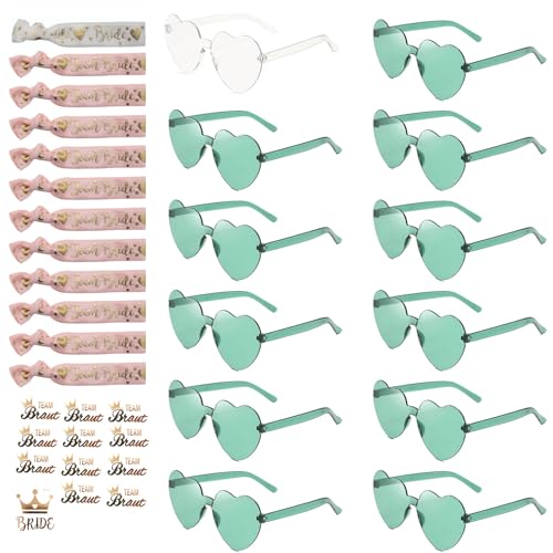 Amycute 36 Stück JGA Aaccessoires Frauen, Junggesellenabschied Frauen Accessoires, JGA Brille Team Braut Armbänder, Bride to Be Herz Brille Set (Grün) von Amycute