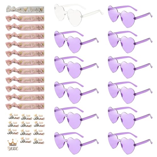 Amycute 36 Stück JGA Aaccessoires Frauen, Junggesellenabschied Frauen Accessoires, JGA Brille Team Braut Armbänder, Bride to Be Herz Brille Set (Lila) von Amycute