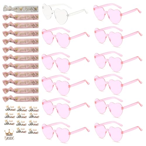 Amycute 36 Stück JGA Aaccessoires Frauen, Junggesellenabschied Frauen Accessoires, JGA Brille Team Braut Armbänder, Bride to Be Herz Brille Set (Rosa) von Amycute