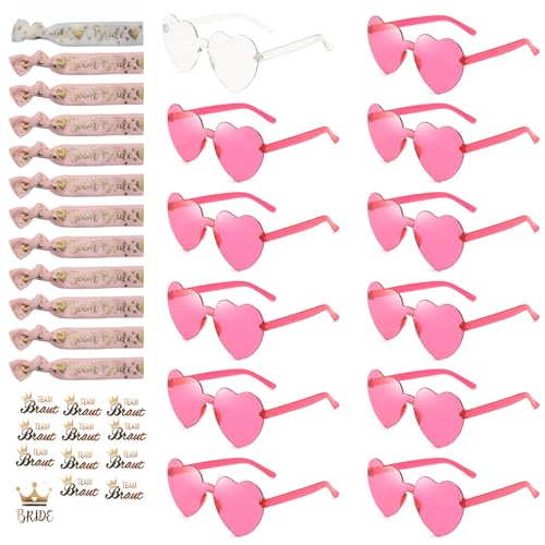 Amycute 36 Stück JGA Aaccessoires Frauen, Junggesellenabschied Frauen Accessoires, JGA Brille Team Braut Armbänder, Bride to Be Herz Brille Set (Rosenrot) von Amycute