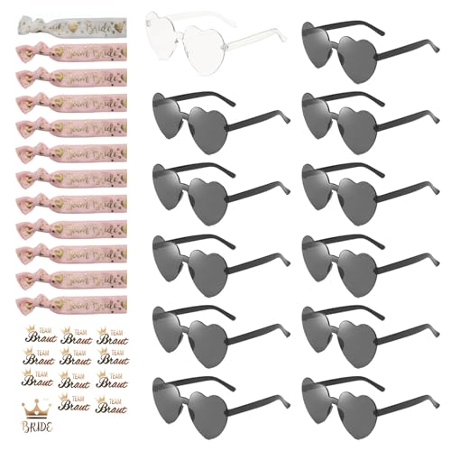 Amycute 36 Stück JGA Aaccessoires Frauen, Junggesellenabschied Frauen Accessoires, JGA Brille Team Braut Armbänder, Bride to Be Herz Brille Set (Schwarz) von Amycute