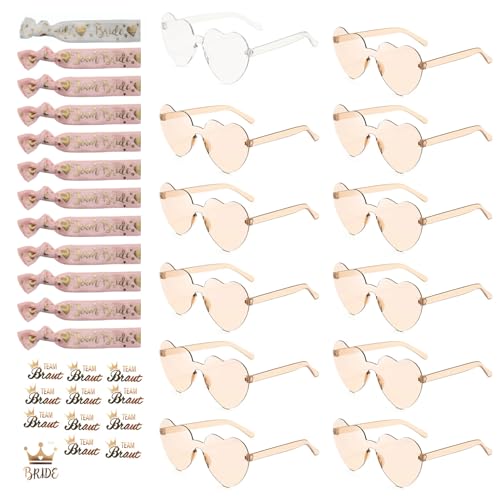 Amycute 36 Stück JGA Aaccessoires Frauen, Junggesellenabschied Frauen Accessoires, JGA Brille Team Braut Armbänder, Bride to Be Herz Brille Set (Tannfarbe) von Amycute