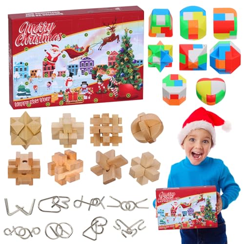 Amycute Knobelspiele Adventskalender 2024, 24 Stück Puzzle-Lösungskalender mit Holz puzzle und Metallfäden Knobelspiel, 3D Puzzle Geschicklichkeitsspiele, Weihnachts Geschenk von Amycute