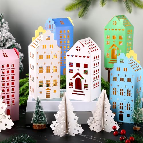 Amyhill 36-teiliges mehrfarbiges Papier-Weihnachtsdorf-Set, 18-teilig, DIY-Weihnachtsdorfhaus und 18 Bäume, Mini-Weihnachts-Papphaus, Basteln, Weihnachtstischdekoration für Kaminsims, Fenster, von Amyhill