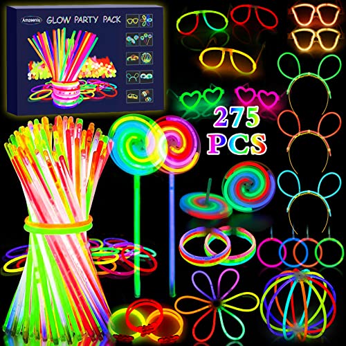 Amzeeniu 270 Stück Knicklichter Party Set Glow Sticks Leuchtstäbe Neon Party Leuchtarmbänder Knicklichter Hochzeit Leuchtspielzeug für Party deko,Festival schwarzlicht deko,Neuem Kreisel,Lutscher von Amzeeniu