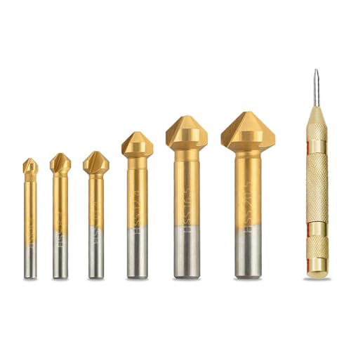 6 tlg 90° Kegelsenker Satz HSS Senker Set, Titan-Beschichtungen Ø 6,3-20,5 mm Senkbohrer mit 1 Pack Messing Automatische Center Bohrer Punch von AnaTI