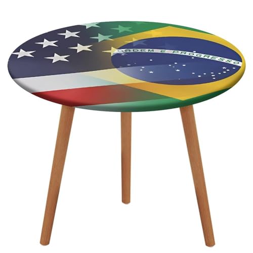 Runde Tischdecke mit Flagge von Brasilien und den USA, mit elastischem Rand, waschbar, passend für das Abendessen, Picknick im Freien von Anceky