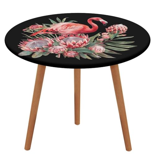 Runde Tischdecke mit niedlichem Flamingo und Protea-Blume, mit elastischem Rand, waschbar und dekorativ für Abendessen und Picknick im Freien von Anceky