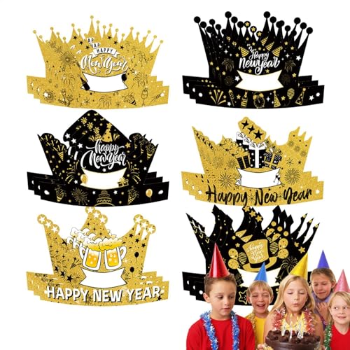 Ancsttu Frohes Neues Jahr Hüte, Silvester Hüte,18X Silvester-Kronenhüte - Neujahrs-Kopfbedeckung, Foto-Requisiten, schwarz-goldene Tiara für, Mädchen, Kinder, Erwachsene und Jugendliche von Ancsttu