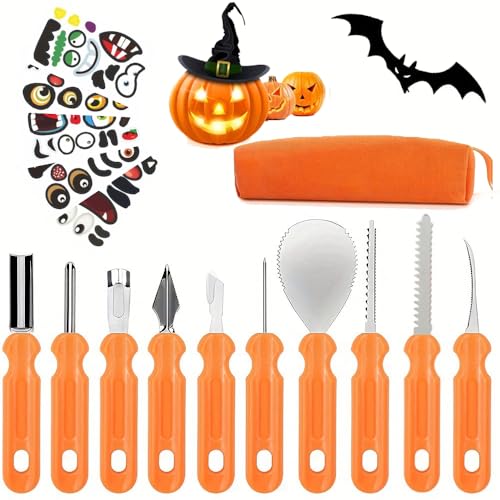 AndCarrotoy Halloween Kürbis Schnitzset, 16 Stück Professionelle Schnitzwerkzeug Kürbis Set mit Tragetasche und 5 PCS Kürbis DIY Halloween Dekoration Aufkleber Kinder und Erwachsene von AndCarrotoy