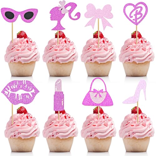 Andibro 24 Stück Prinzessin Cupcake Toppers,8 Stile Glitzer Rosa Mädchen Tortendeko Handtasche Schleife Lippenstift Krawatte High Heel Kuchen Deko für Hochzeit Brautparty Babyparty Geburtstag Party von Andibro