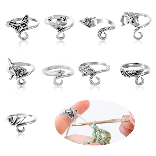 Andibro 9 Stück Einstellbare Häkelringe,Metall Strickschlaufe Ring Finger Garn Führung Geflecht Spannung Ringe Tierischer Stil Crochet Ring Basteln Zubehör für Häkeln Mutter Oma Geschenke von Andibro