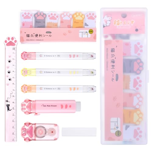 Andibro 9 teiliges süßes Katzenpfoten Briefpapier Set, Kawaii Schulbedarf inklusive doppelseitigem Textmarker einziehbarem Radiergummi Korrekturband Haftnotizen Lineal Radiergummi Ersatzkern(Pink) von Andibro