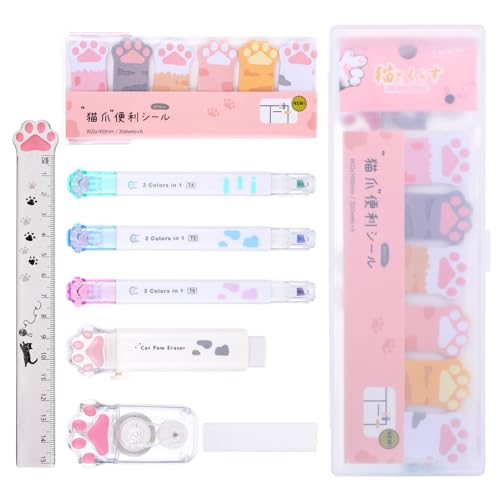 Andibro 9 teiliges süßes Katzenpfoten Briefpapier Set, Kawaii Schulbedarf inklusive doppelseitigem Textmarker einziehbarem Radiergummi Korrekturband Haftnotizen Lineal Radiergummi Ersatzkern(White) von Andibro