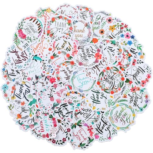 Andibro Thank You Sticker,50 Stück Dankeschön Etiketten Aufkleber 5-8cm Rundes Floral Selbstklebend Wasserdicht Vielen Dank Aufkleber für kleine Unternehmen Hohzeit Party Geschenktüten von Andibro