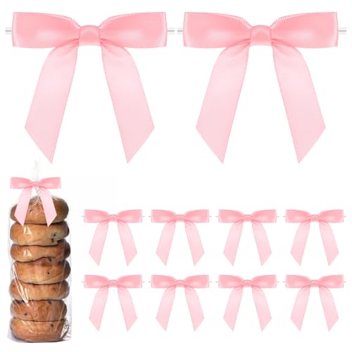 Andibro 50 Stück Satinband Twist Tie Schleifen,7 cm Rosa Vorgebundene Bastelschleifen,Paket Dekoration Schleife für DIY Leckerli-Tüten Pakete Basteln Hochzeit Babyparty Brithday Party von Andibro