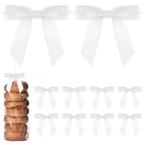 Andibro 50 Stück Satinband Twist Tie Schleifen,7 cm Weiß Vorgebundene Bastelschleifen,Paket Dekoration Schleife für DIY Leckerli-Tüten Pakete Basteln Hochzeit Babyparty Brithday Party von Andibro