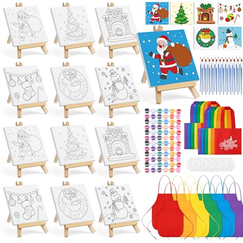 Aneco 12 Packungen 10,2 x 10,2 cm Mini-Weihnachts-Leinwände zum Malen mit Staffeleien, Schürzen, Leinwand, Tragetaschen, Pinsel, Paletten, gespannte Leinwand, Malset, Weihnachts-Malerei-Set für von Aneco