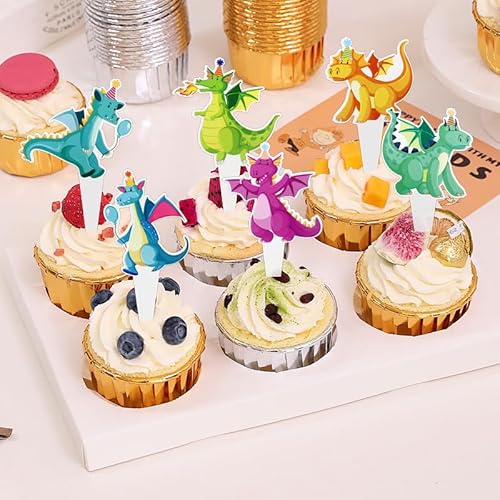 Anemowind 32 Stück doppelseitige Drachen-Kuchendekoration, doppelseitiges Muster, Kuchenspitze, Cartoon-Drache, Cupcake-Topper, Party-Event-Dekoration von Anemowind