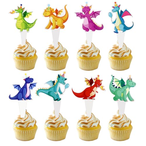 Anemowind 32 Stück doppelseitige Drachen-Kuchendekoration, doppelseitiges Muster, Kuchenspitze, Cartoon-Drache, Cupcake-Topper, Party-Event-Dekoration von Anemowind