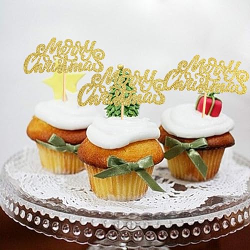 Anemowind 36 gelbe Weihnachts-Kuchenaufsätze, Frohe Weihnachten, Cupcake-Topper, Zahnstocher-Flaggen, Kuchendekoration, Weihnachtsfeierzubehör von Anemowind