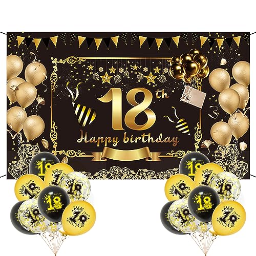 Anevios 18 Geburtstag Deko 18.Geburtstag Dekorationen Schwarz Gold Geburtstagsfeier Hintergrund Banner mit Luftballons für 18 Geburtstag Jungen Mädchen Geburtstagsdeko Partydeko von Anevios