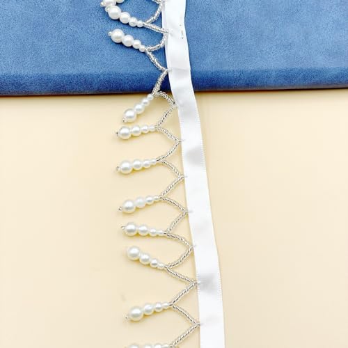 10 Yards Perlen Spitzenbesatz Spitzenband, Perlenbesatz Anhänger Band, Quasten Dekoband Deko, Fransen Bänder für DIY Handwerk Nähen Hochzeit Brautkleid Kleidung Dekoration,Weiß A von Anevous