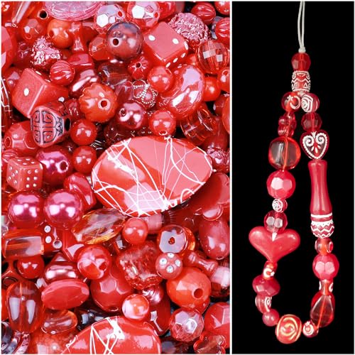 500g Acry Perlen zum Auffädeln, Acrylperlen für Basteln, Armbänder Perlen mit Loch, Lose Perlen für DIY Handwerk Schmuckherstellung Charms Handykette Armbänder Halsketten,Rot von Anevous