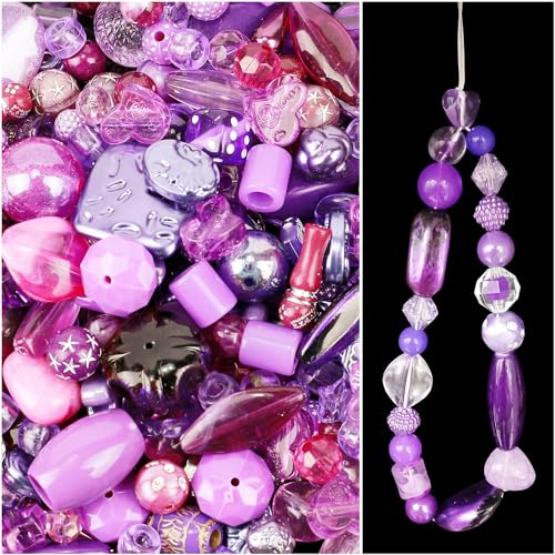 500g Acry Perlen zum Auffädeln, Acrylperlen für Basteln, Armbänder Perlen mit Loch, Lose Perlen für DIY Handwerk Schmuckherstellung Charms Handykette Armbänder Halsketten,Violett von Anevous