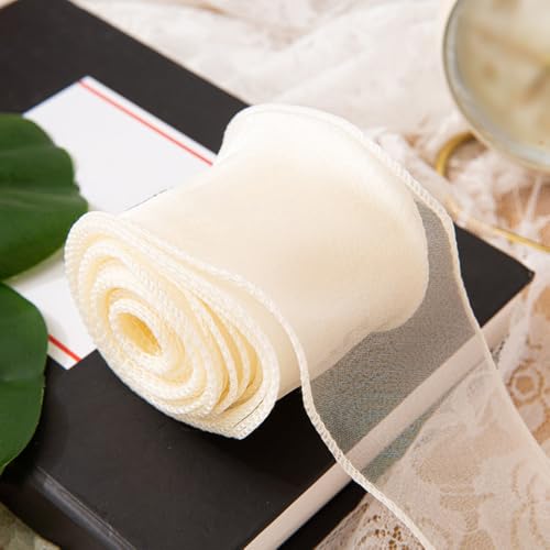 Anevous 1 Rollen x10 Yards Organzaband, 6 cm Breit Transparente Geschenkband, Fischschwanz Garn Schleifenband, Dekoband für Basteln, Hochzeit, Schleifen, Kränze, Dekoration,Beige von Anevous