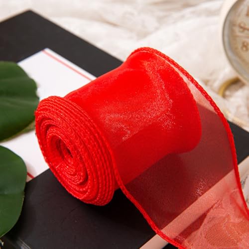 Anevous 1 Rollen x10 Yards Organzaband, 6 cm Breit Transparente Geschenkband, Fischschwanz Garn Schleifenband, Dekoband für Basteln, Hochzeit, Schleifen, Kränze, Dekoration,Rot von Anevous