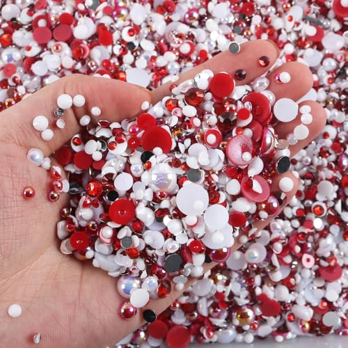 Anevous 30g Flache Halbrunde Perlen Flache Rückseite Perle, Runde Halbperlen, Halbrundes Zubehör für DIY Bastelarbeiten, Schmuckherstellung, Nagelkunst Dekoration,Weiß Rot von Anevous