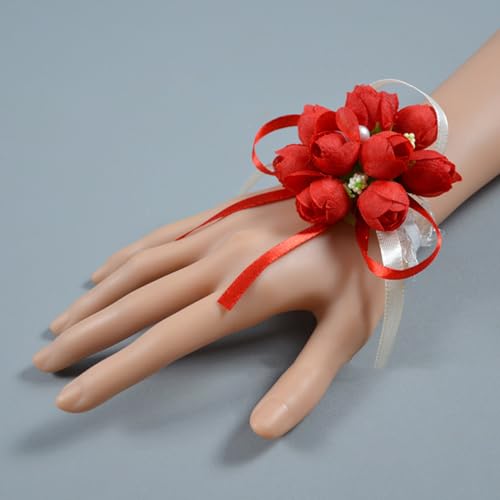 Anevous 4 Stück Braut Handgelenk Korsage, Blumen Handgelenk Blumenarmband, Blumenornament Hochzeit Brautjungfer Für Frauen Hochzeiten, Bankette, Zeremonie Abschlussball,Rot B von Anevous